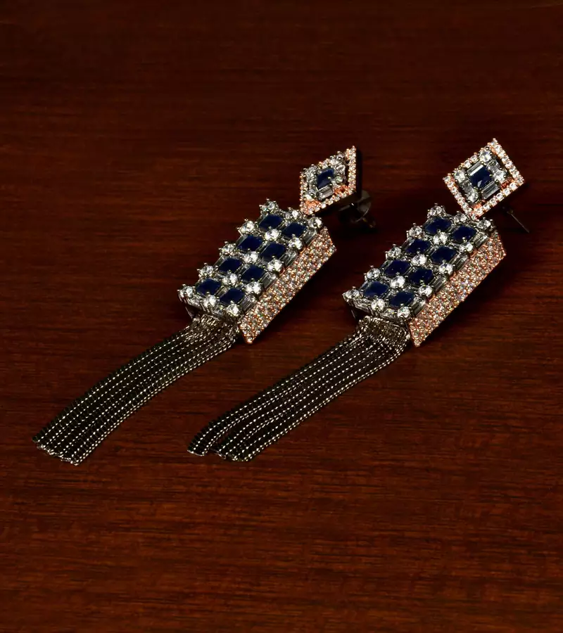Sapphire Embellished Black and Rose Gold Plated Designer American Diamond Earrings 216ED341