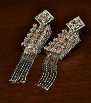 Champagne Stone Embellished Rhodium Plated Designer American Diamond Earrings 216ED342 1