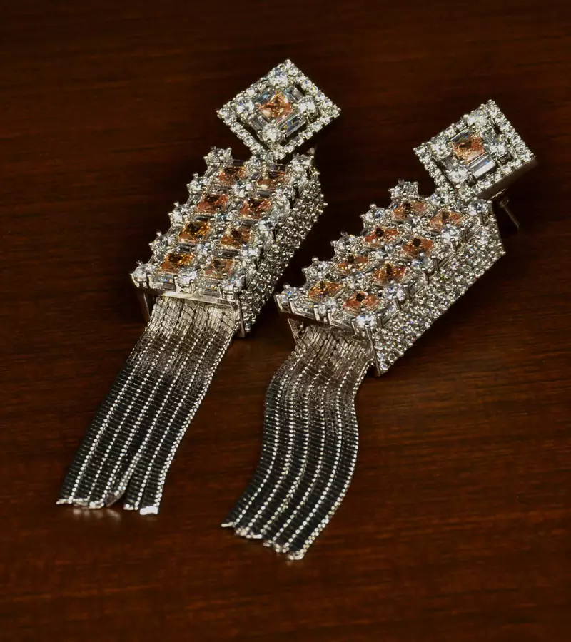 Champagne Stone Embellished Rhodium Plated Designer American Diamond Earrings 216ED342