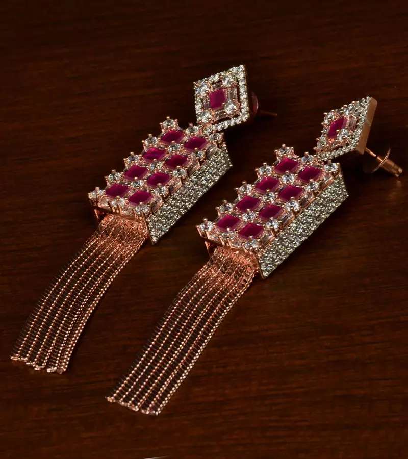 Ruby Embellished Rose Gold Plated American Diamond Earrings 216ED344