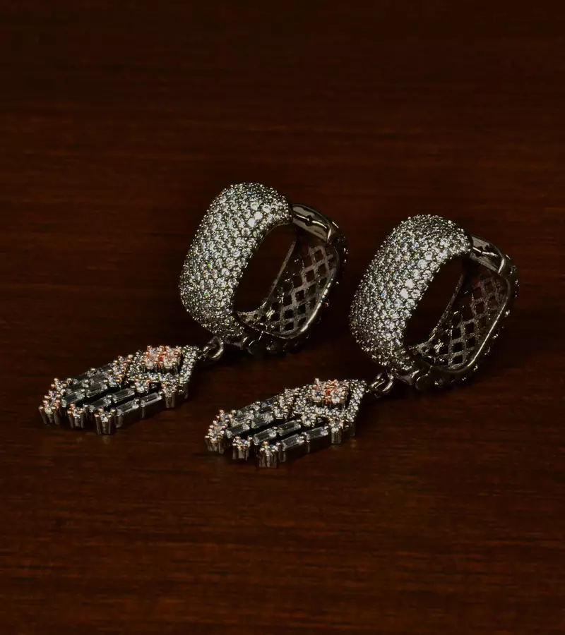Black and Rose Gold Plated American Diamond Embellished Designer Dangler Hoop 216ED347