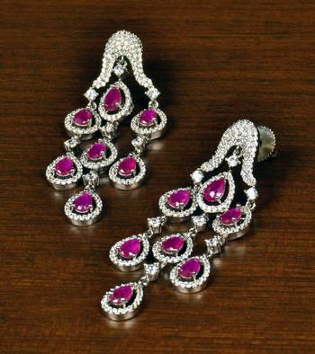 Ruby Embellished Rhodium Plated American Diamond Danglers 216ED359 1