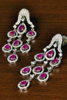 Ruby Embellished Rhodium Plated American Diamond Danglers 216ED359