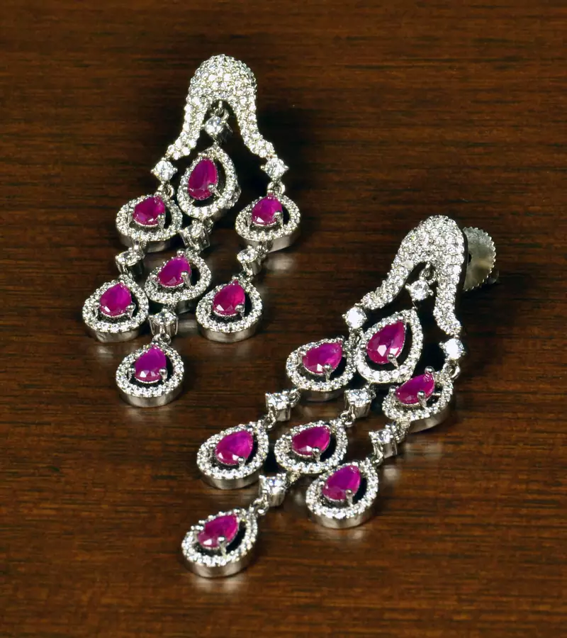 Ruby Embellished Rhodium Plated American Diamond Danglers 216ED359