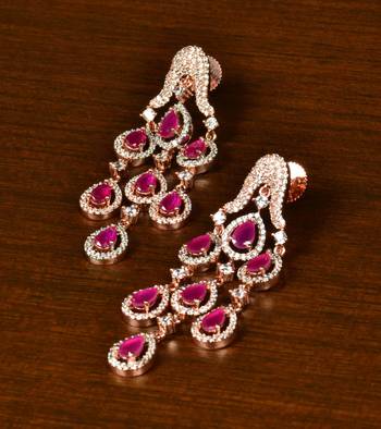Ruby Embellished Rose Gold Plated American Diamond Danglers 216ED360 1