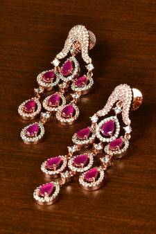 Ruby Embellished Rose Gold Plated American Diamond Danglers 216ED360