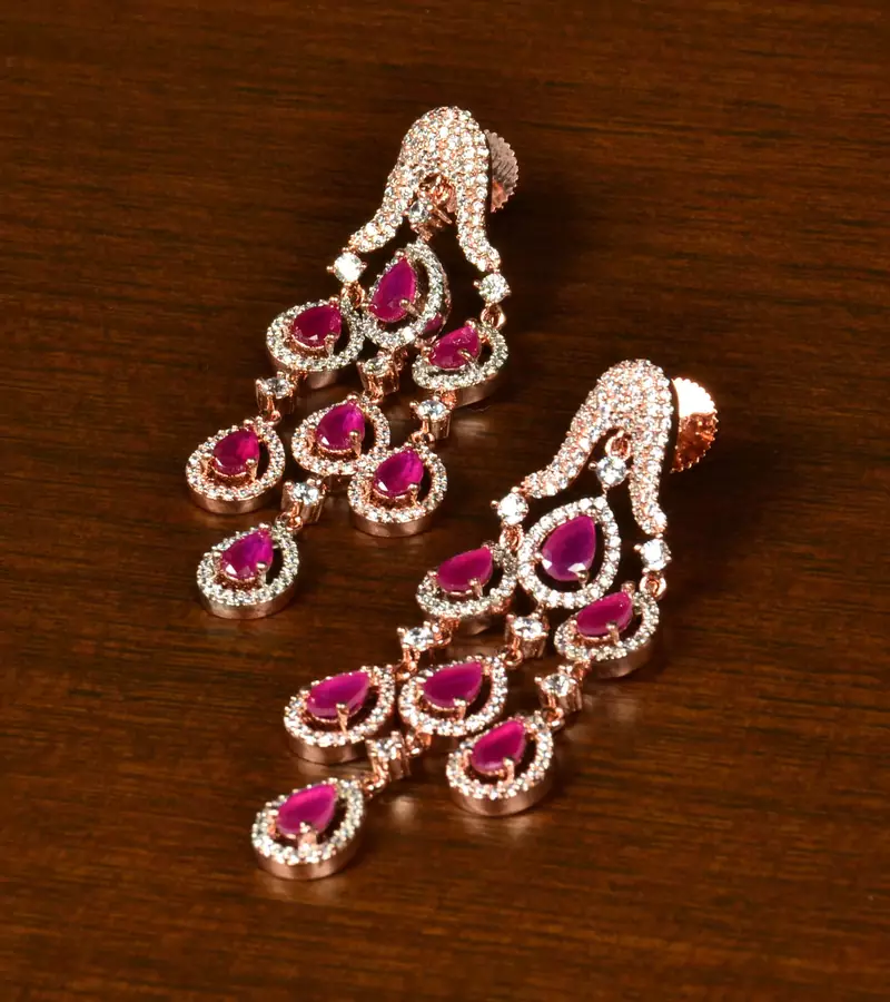 Ruby Embellished Rose Gold Plated American Diamond Danglers 216ED360