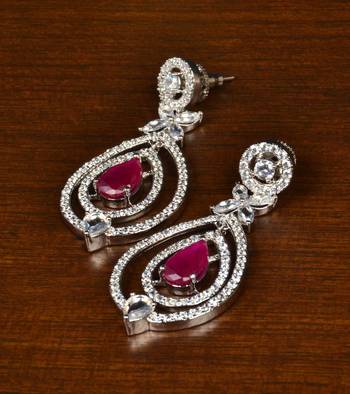 Ruby Embellished Rhodium Plated American Diamond Earrings 216ED361 1