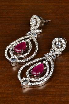 Ruby Embellished Rhodium Plated American Diamond Earrings 216ED361