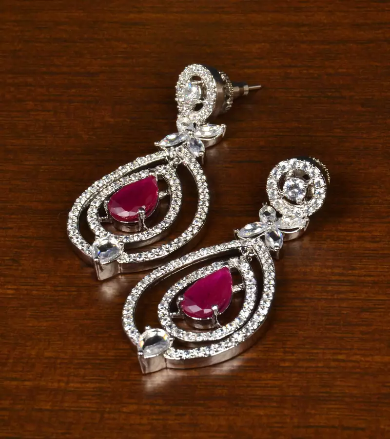 Ruby Embellished Rhodium Plated American Diamond Earrings 216ED361