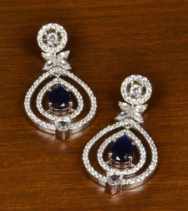 Sapphire Embellished Rhodium Plated American Diamond Earrings 216ED363