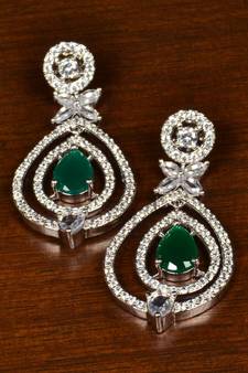 Emerald Embellished Rhodium Plated American Diamond Earrings 216ED364