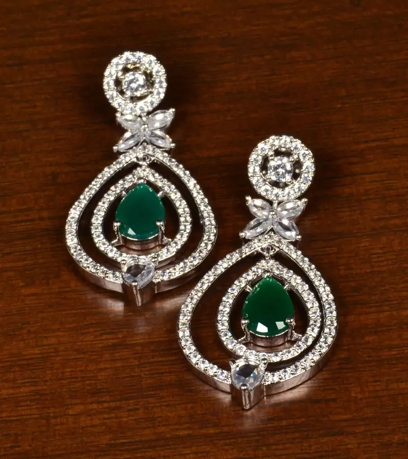 Emerald Embellished Rhodium Plated American Diamond Earrings 216ED364