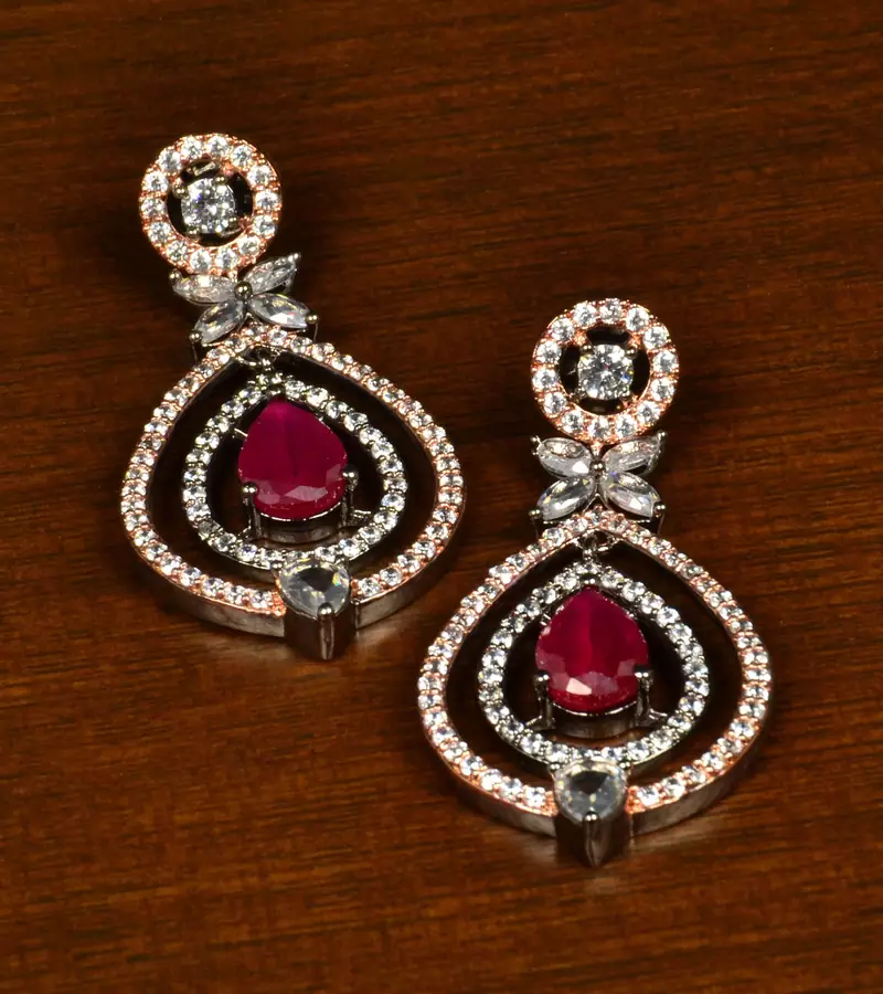 Ruby Embellished Black and Rose Gold Plated American Diamond Earrings 216ED365