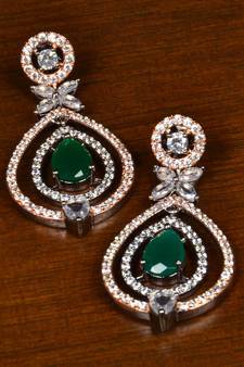 Emerald Embellished Black and Rose Gold Plated American Diamond Earrings 216ED366