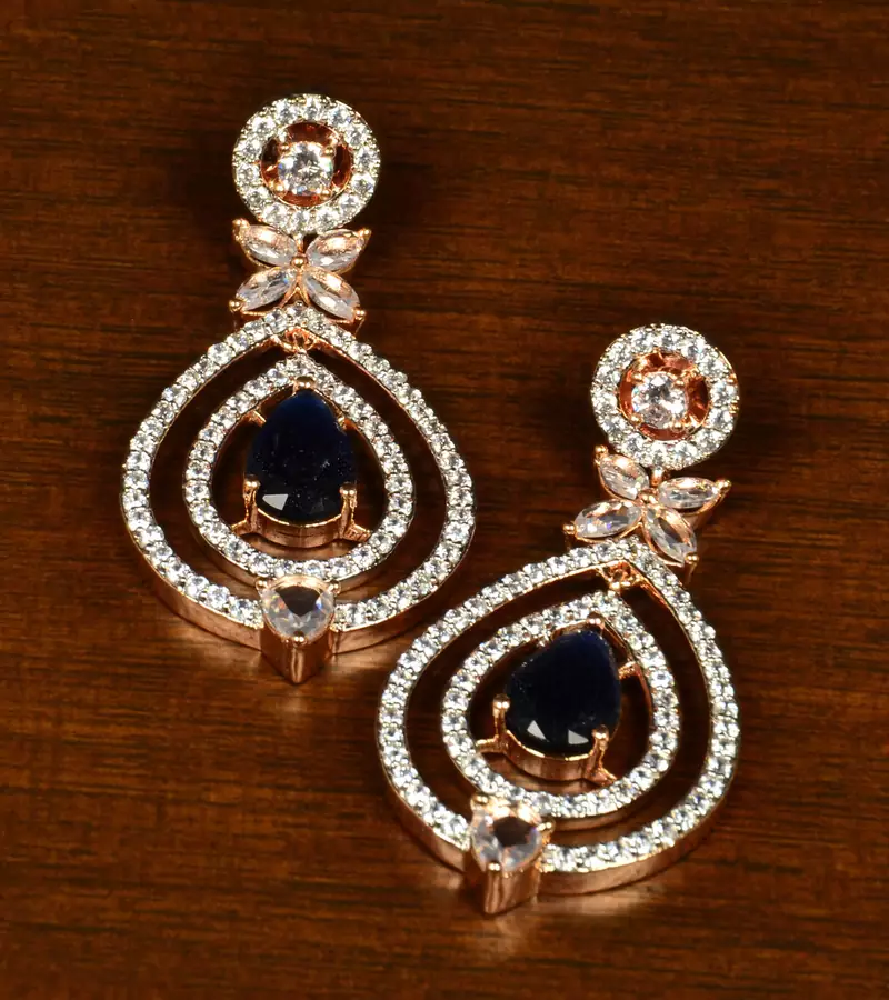 Sapphire Embellished Rose Gold Plated American Diamond Earrings 216ED367