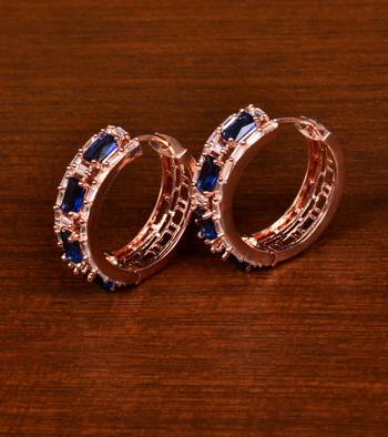 Rose Gold Plated American Diamond and Blue Stone Embellished Designer Hoops 216ED369 1