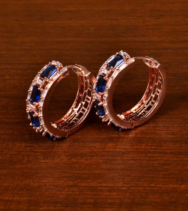 Rose Gold Plated American Diamond and Blue Stone Embellished Designer Hoops 216ED369