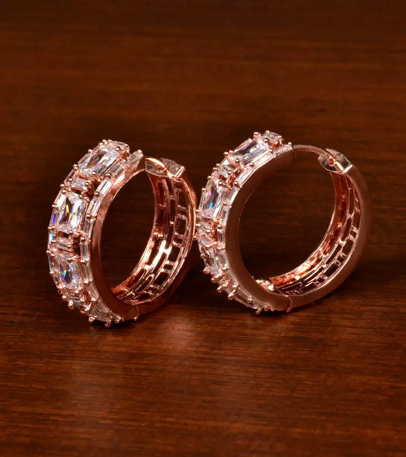 Rose Gold Plated American Diamond Embellished Designer Hoops 216ED370