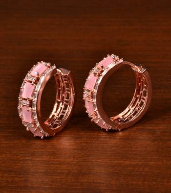 Rose Gold Plated American Diamond and Baby Pink Stone Embellished Designer Hoops 216ED371 1