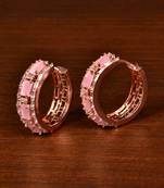 Rose Gold Plated American Diamond and Baby Pink Stone Embellished Designer Hoops 216ED371
