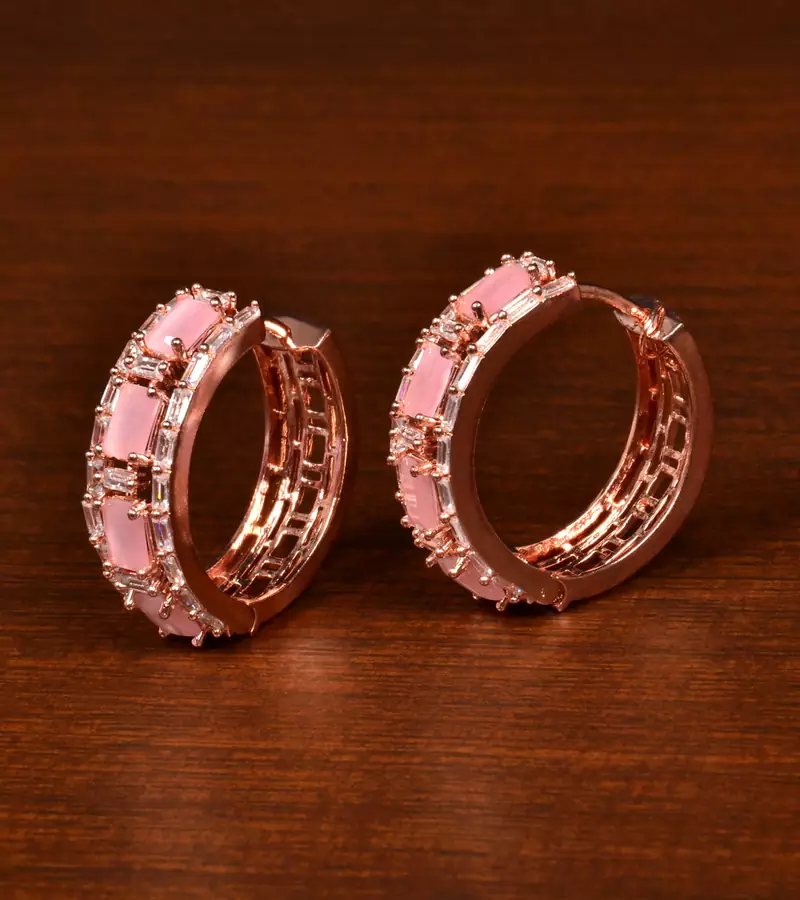 Rose Gold Plated American Diamond and Baby Pink Stone Embellished Designer Hoops 216ED371