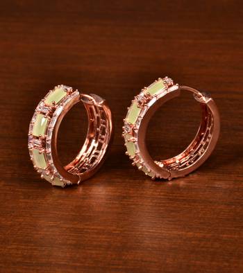 Rose Gold Plated American Diamond and Parrot Stone Embellished Designer Hoops 216ED372 1