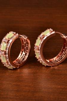 Rose Gold Plated American Diamond and Parrot Stone Embellished Designer Hoops 216ED372