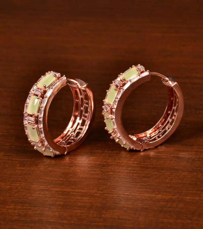 Rose Gold Plated American Diamond and Parrot Stone Embellished Designer Hoops 216ED372