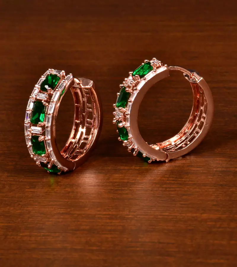 Rose Gold Plated American Diamond and Green Stone Embellished Designer Hoops 216ED374