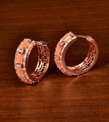 Rose Gold Plated American Diamond and Peach Stone Embellished Designer Hoops 216ED375 1