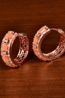 Rose Gold Plated American Diamond and Peach Stone Embellished Designer Hoops 216ED375