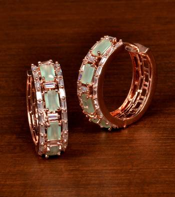 Rose Gold Plated American Diamond and Mint Stone Embellished Designer Hoops 216ED376 1