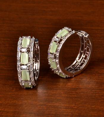 Rhodium Plated American Diamond and Parrot Stone Embellished Designer Hoops 216ED377 1