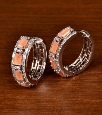 Rhodium Plated American Diamond and Peach Stone Embellished Designer Hoops 216ED378 1