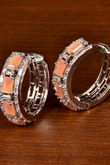 Rhodium Plated American Diamond and Peach Stone Embellished Designer Hoops 216ED378