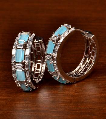 Rhodium Plated American Diamond and Sky Stone Embellished Designer Hoops 216ED379 1