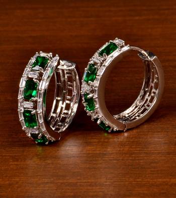Rhodium Plated American Diamond and Green Stone Embellished Designer Hoops 216ED380 1