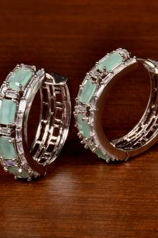 Rhodium Plated American Diamond and Mint Stone Embellished Designer Hoops 216ED381