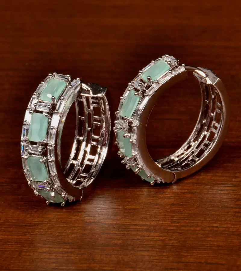 Rhodium Plated American Diamond and Mint Stone Embellished Designer Hoops 216ED381