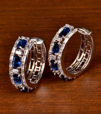 Rhodium Plated American Diamond and Blue Stone Embellished Designer Hoops 216ED382 1