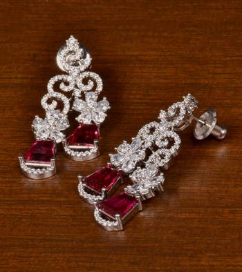 Rhodium Plated Magenta Stone Embellished American Diamond Danglers 216ED386 1