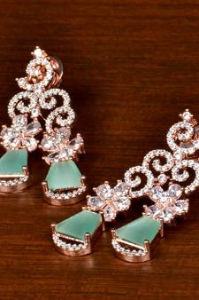 Rose Gold Plated Mint Stone Embellished American Diamond Danglers 216ED387