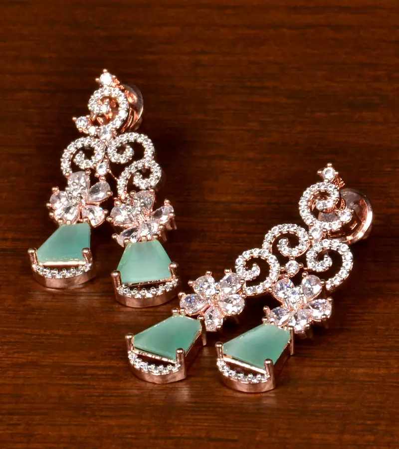 Rose Gold Plated Mint Stone Embellished American Diamond Danglers 216ED387