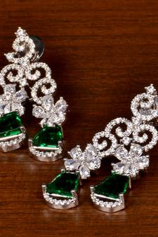 Rhodium Plated Green Stone Embellished American Diamond Danglers 216ED388