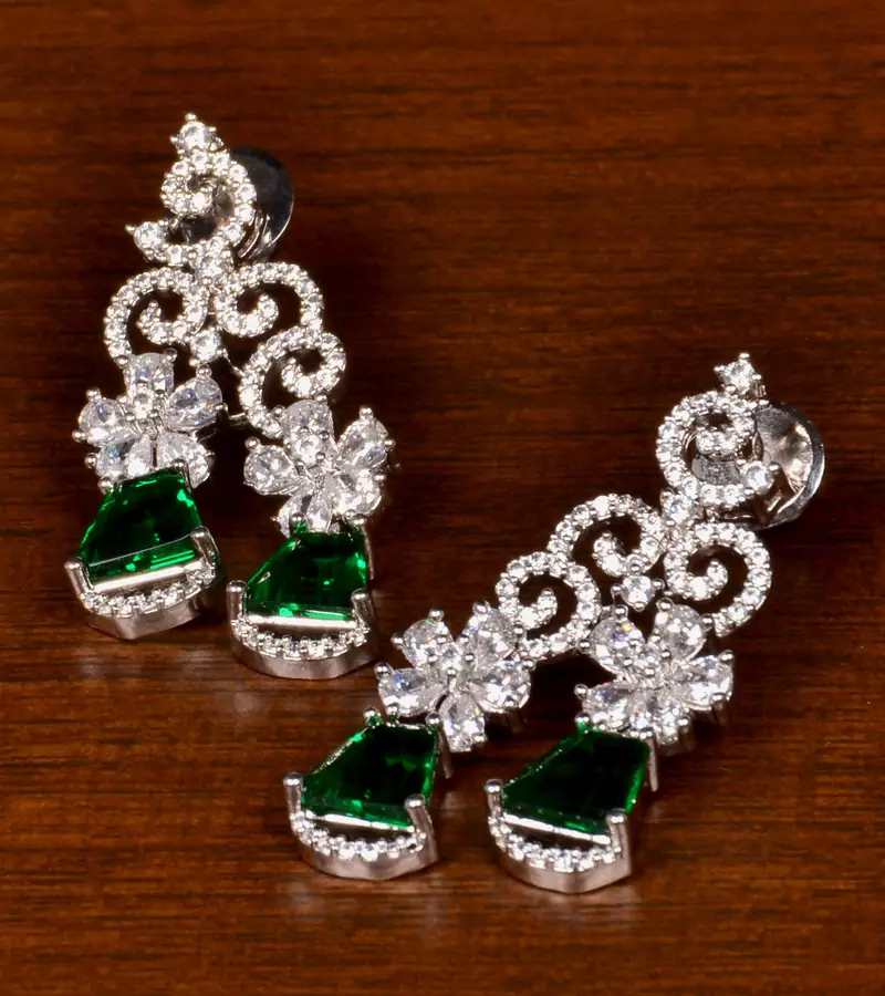 Rhodium Plated Green Stone Embellished American Diamond Danglers 216ED388