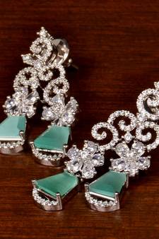 Rhodium Plated Mint Stone Embellished American Diamond Danglers 216ED389
