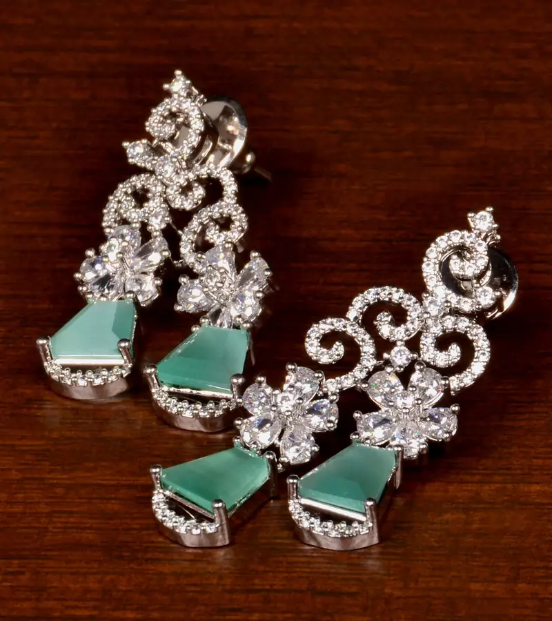 Rhodium Plated Mint Stone Embellished American Diamond Danglers 216ED389