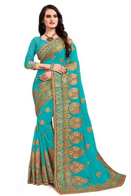 Green embroidered georgette saree with blouse 1