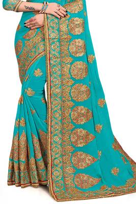 Green embroidered georgette saree with blouse 2